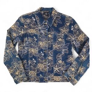 Y2K Boho Chic Floral Embroidered Denim Jacket Medium Brown/Tan/White Stitching